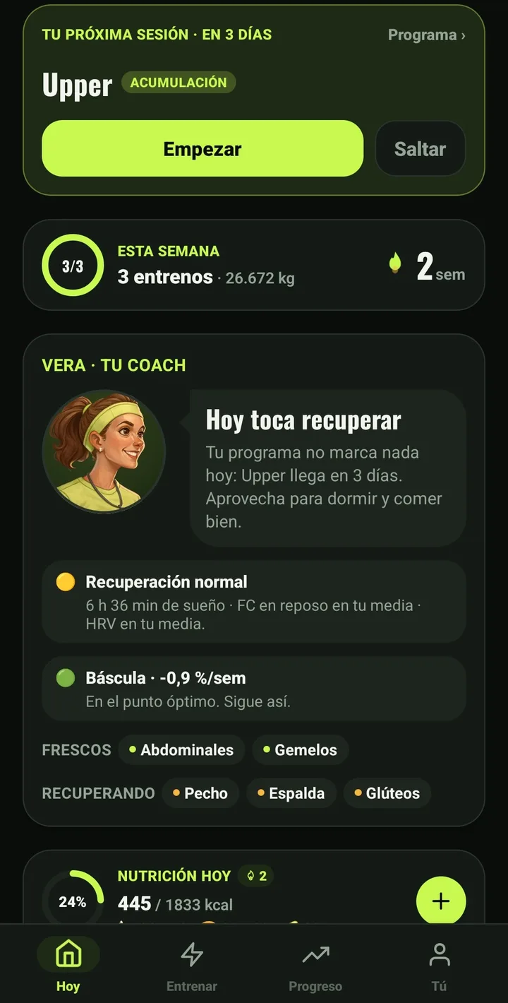 Pantalla del coach: el avatar de Vera junto a su comentario del día, con las señales de sueño y pulso en las que se apoya.