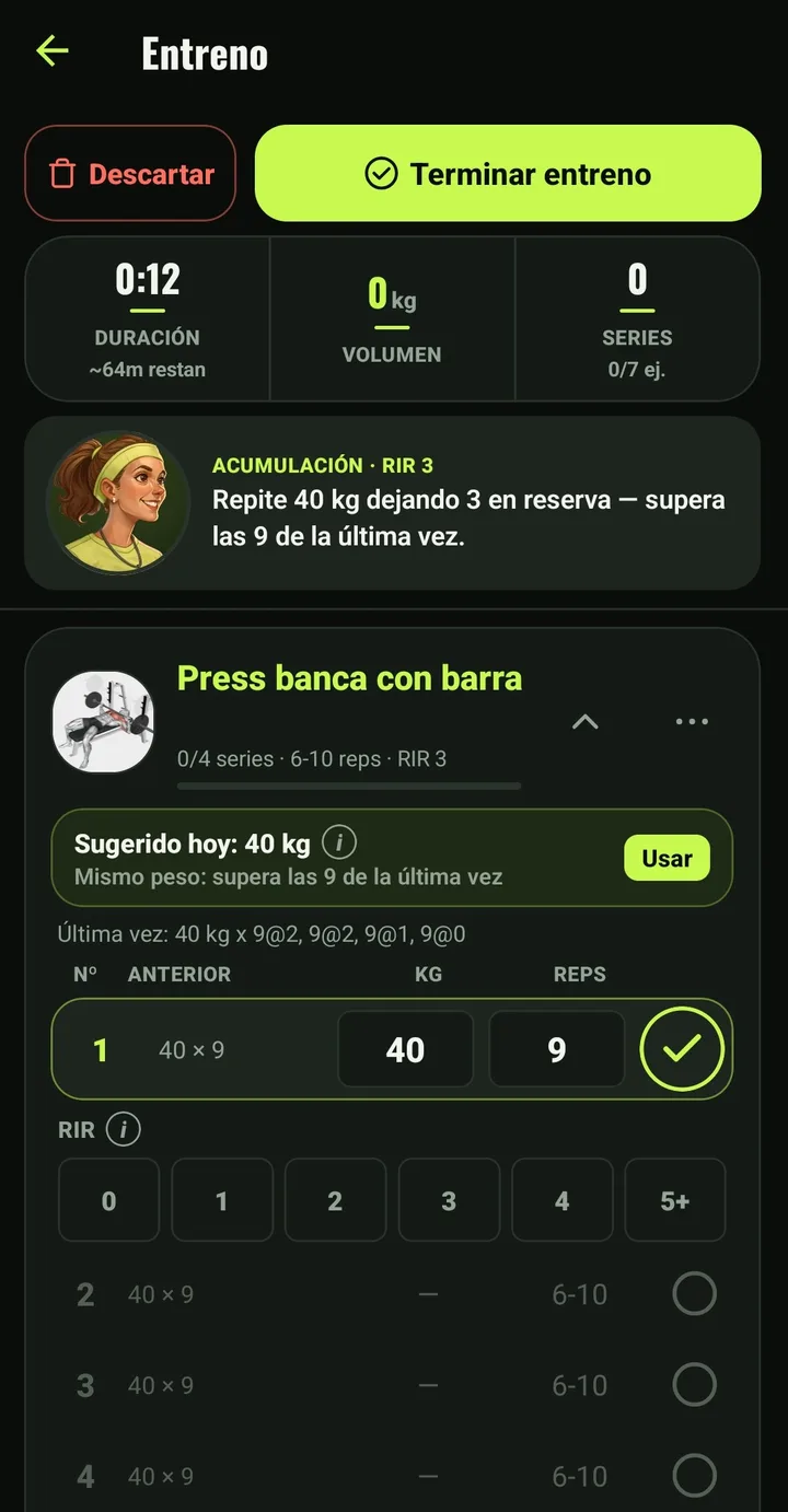 Pantalla de entreno en curso: el ejercicio actual con su peso y repeticiones, las series ya registradas y el temporizador de descanso.